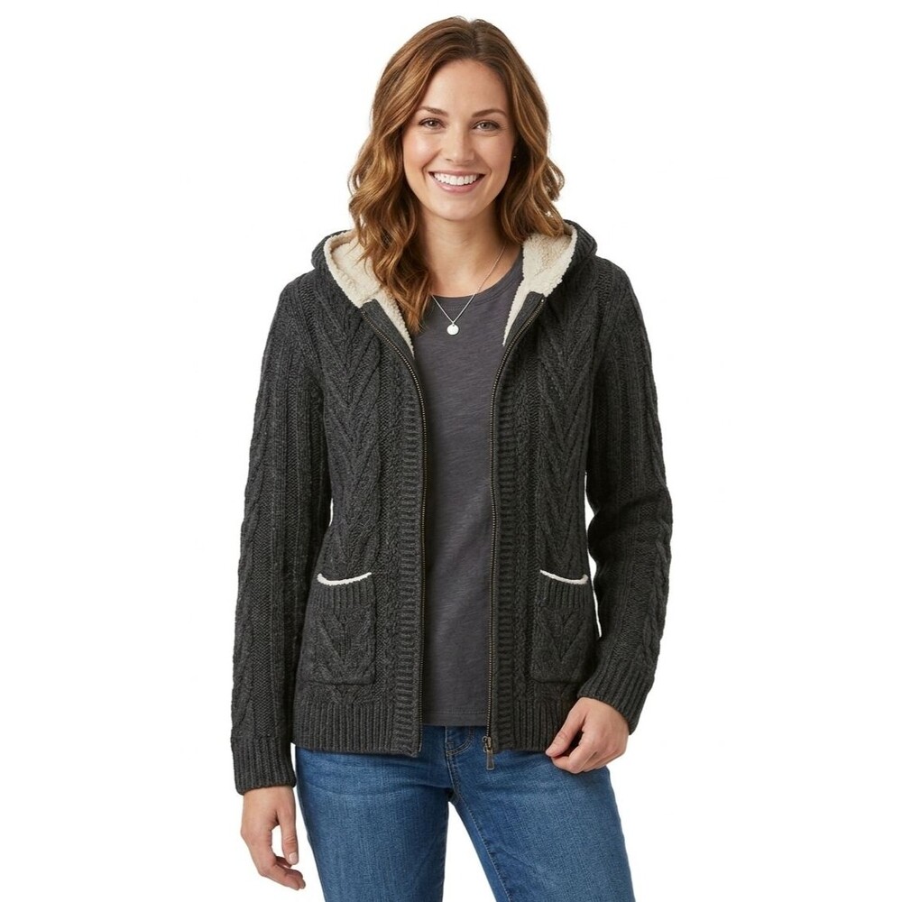 Cabela's Sherpa Lined Cable Knit Hooded Sweater Jacket Grey Medium EUC
